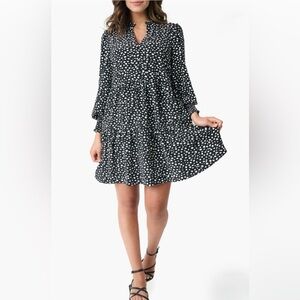 Gibson Look Tiered Smocked Babydoll Black White Polka Dot Peasant Dress Sz S